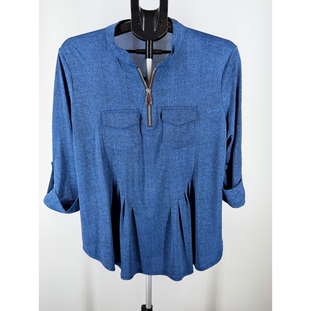 Cocomo Petite Blue Heathered Quarter Zip Roll Tab Sleeve Blouse Top‎ L
